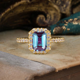 2 Carat Emerald Cut Alexandrite Engagement Ring Pave Halo Bridal Ring